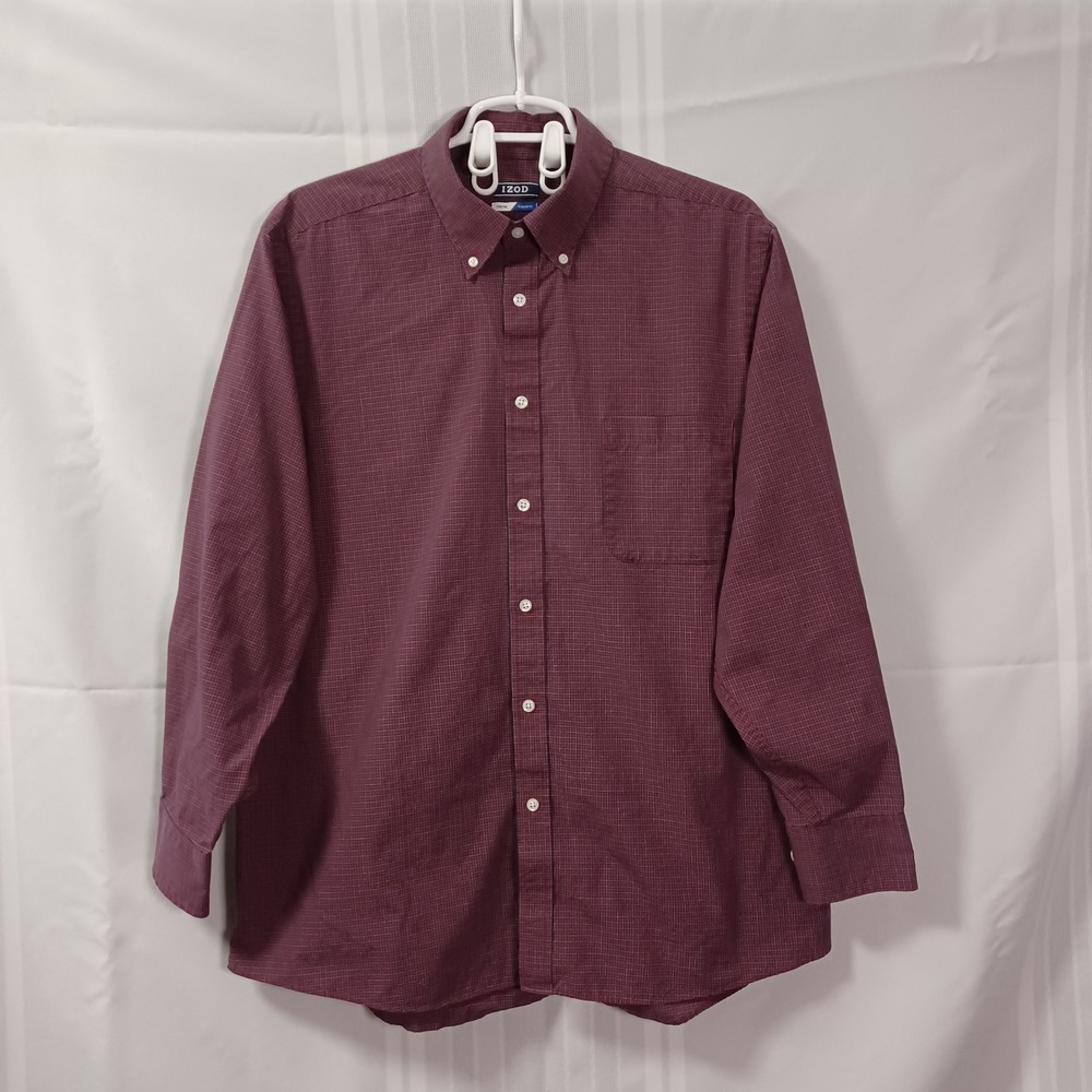 IZOD Button Down Shirt Mens L Red Navy Grid Stretch Regular Fit Long Sleeve